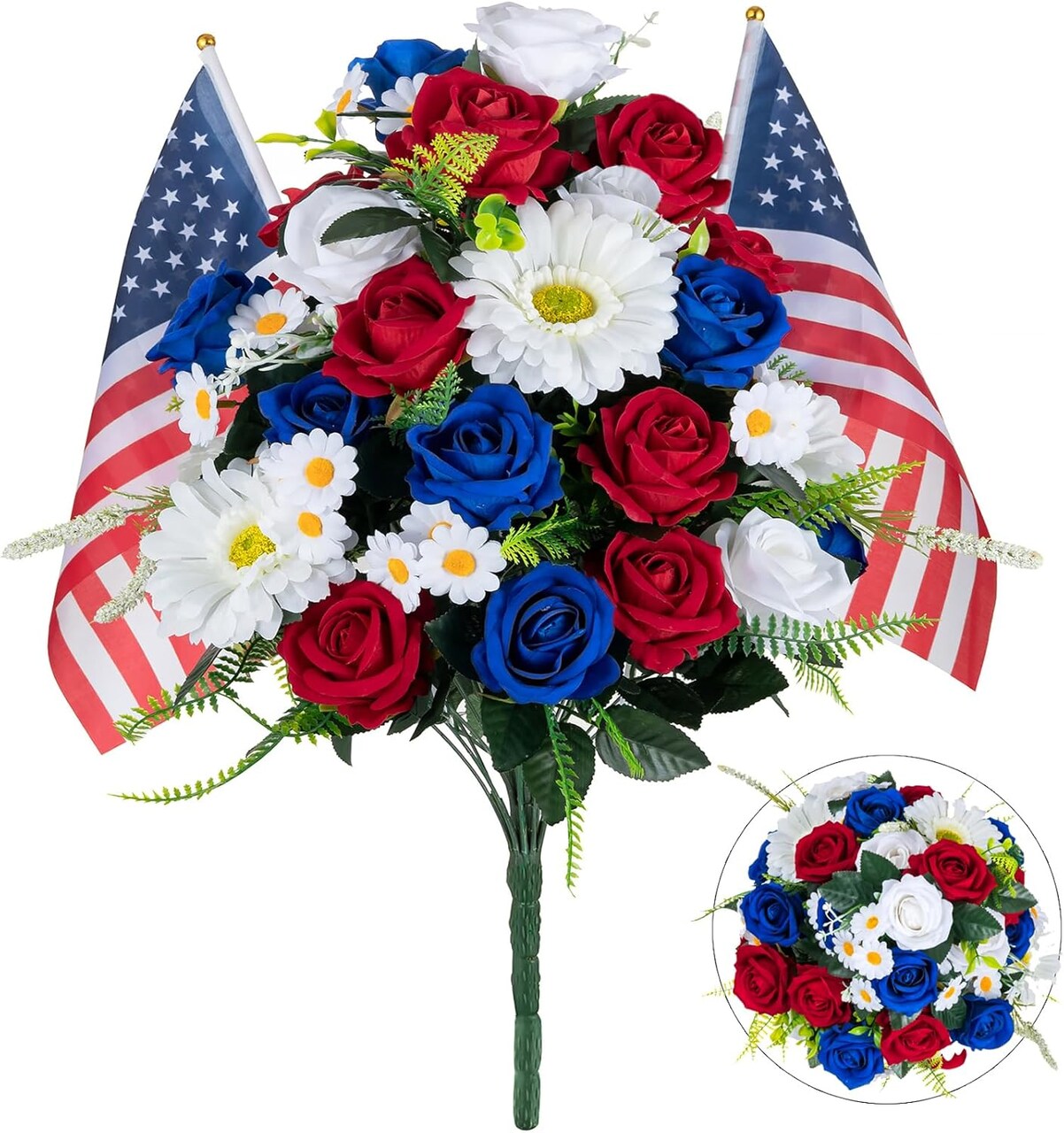 Memorial Day Flowers for Cemetery - Large 36-Head Patriotic Red White and Blue Velvet Roses Bouquet - Artificial Grave Flowers for Veterans with 2 American Flags - America 250 Decorations - 22 Inches